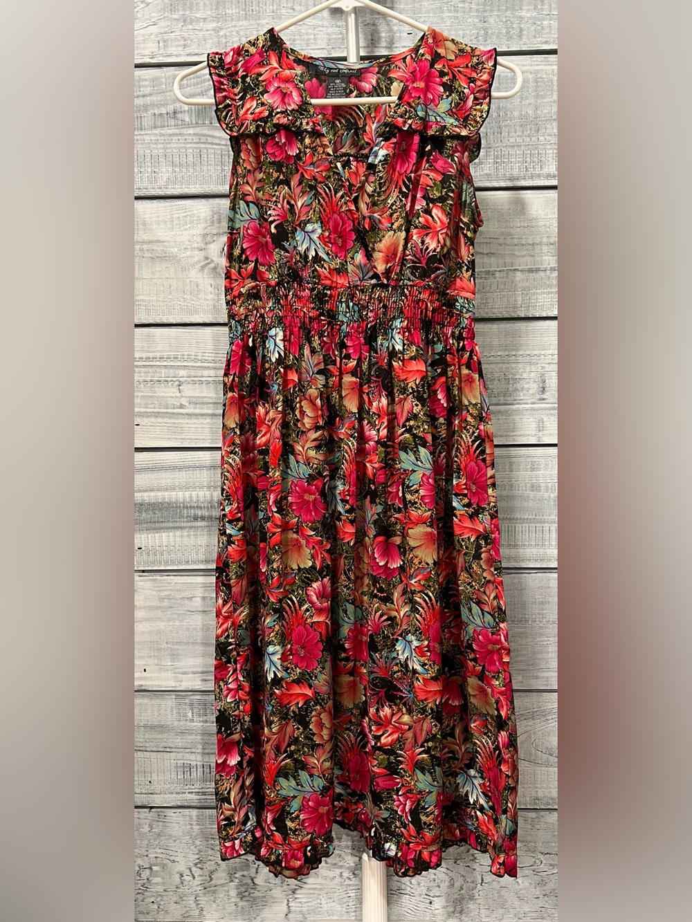 Smocked Waist Floral Midi Dress in Red and Black